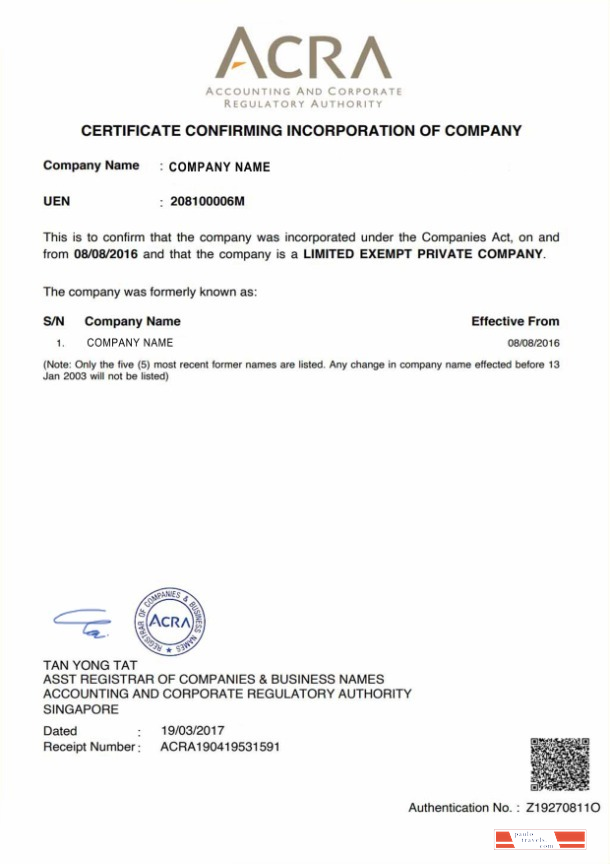 Singapore Certificate of Incorporation